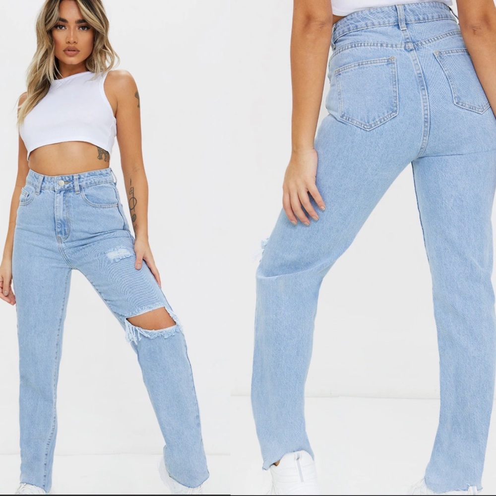 Pretty Little Thing Petite Knee Rip Light Blue Wash Long Leg Straight Je…